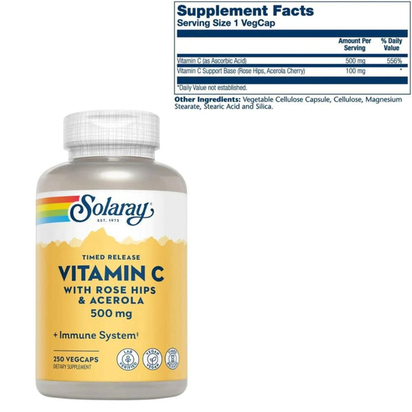 Solaray Store Stock Only Solaray Vitamin C Time Release w/ Rose Hips & Acerola 500mg 250 Capsules