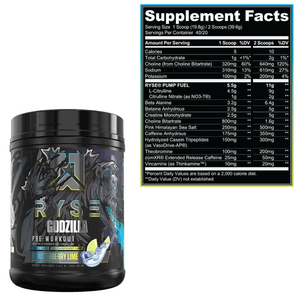 Ryse Supplements Pre-Workouts Monsterberry Lime Ryse Godzilla Preworkout 20/40 Servings