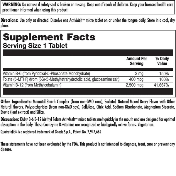 Kal Vitamins & Minerals KAL B6 B12 Methyl Folate Mixed Berry 60 Micro Tablets