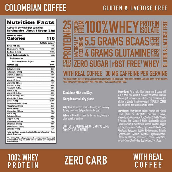 Nature's Best Protein Powders Columbian Coffee Isopure With Coffee 3lb